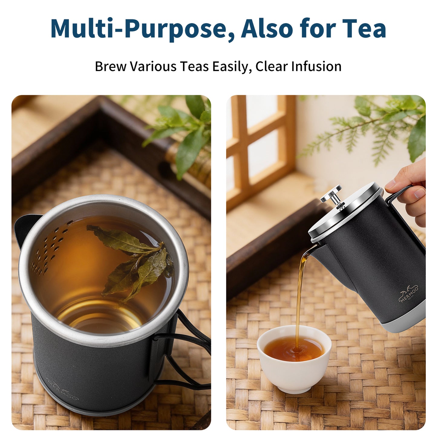 MERMOO YILAN Stainless Steel French Press with Folding Handle Coffee Maker Manual Milk Frother 1000ml