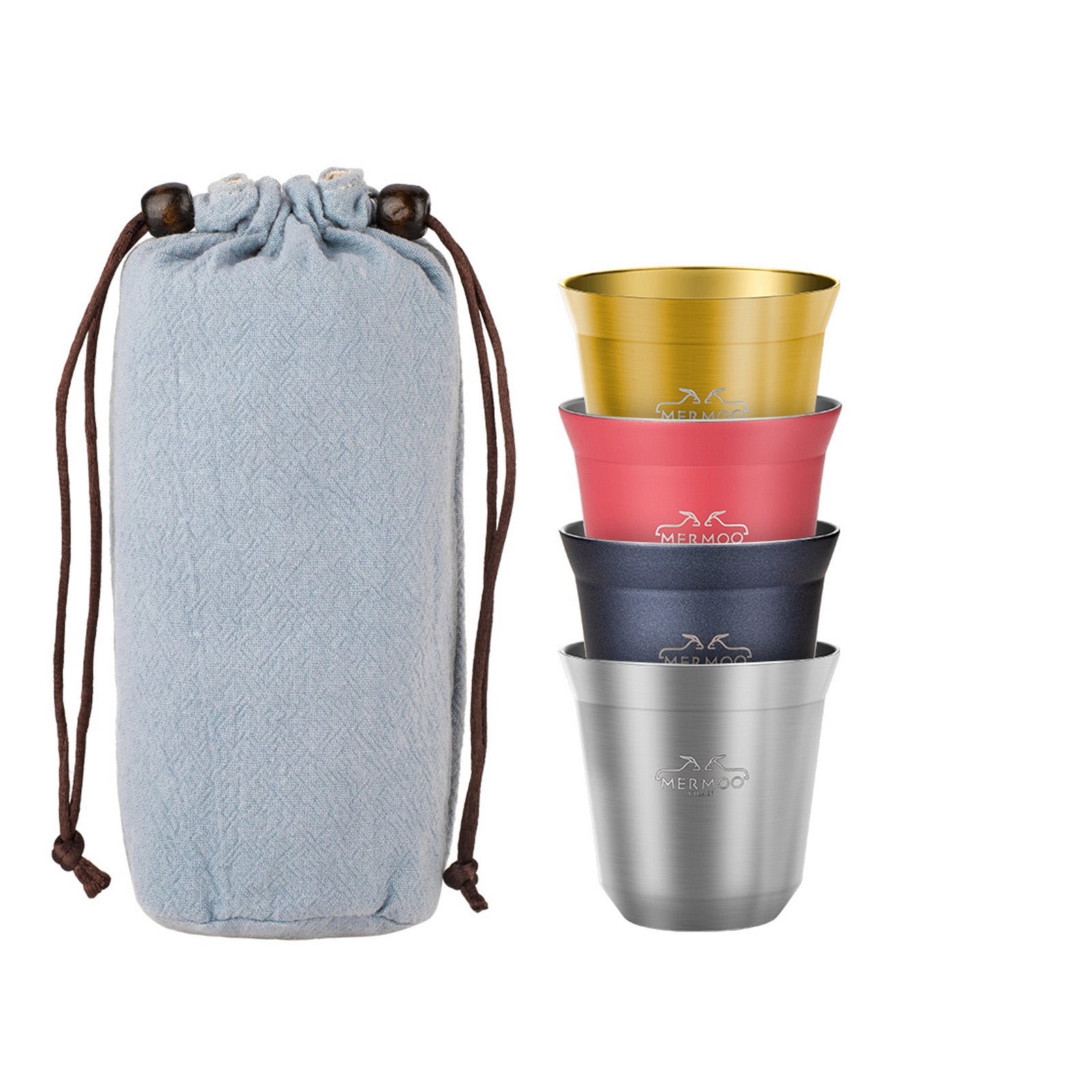 【Beginner's Starter Kit】Espresso Cups Set (4 Pack / 80ml) Double-Wall Stainless Steel Insulated, Stackable with Travel Pouch MERMOO YILAN V139