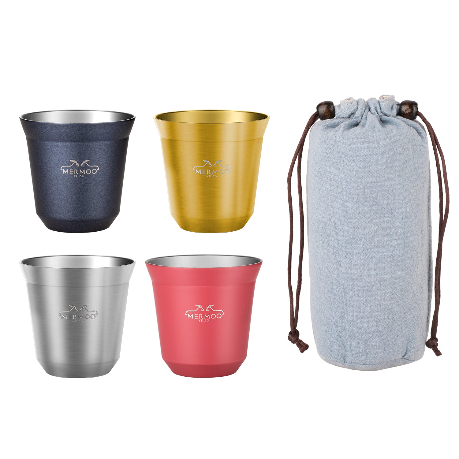 【Beginner's Starter Kit】Espresso Cups Set (4 Pack / 80ml) Double-Wall Stainless Steel Insulated, Stackable with Travel Pouch MERMOO YILAN V139