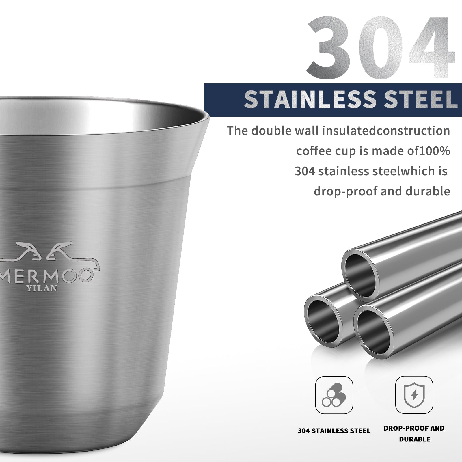 【Beginner's Starter Kit】Espresso Cups Set (4 Pack / 80ml) Double-Wall Stainless Steel Insulated, Stackable with Travel Pouch MERMOO YILAN V139