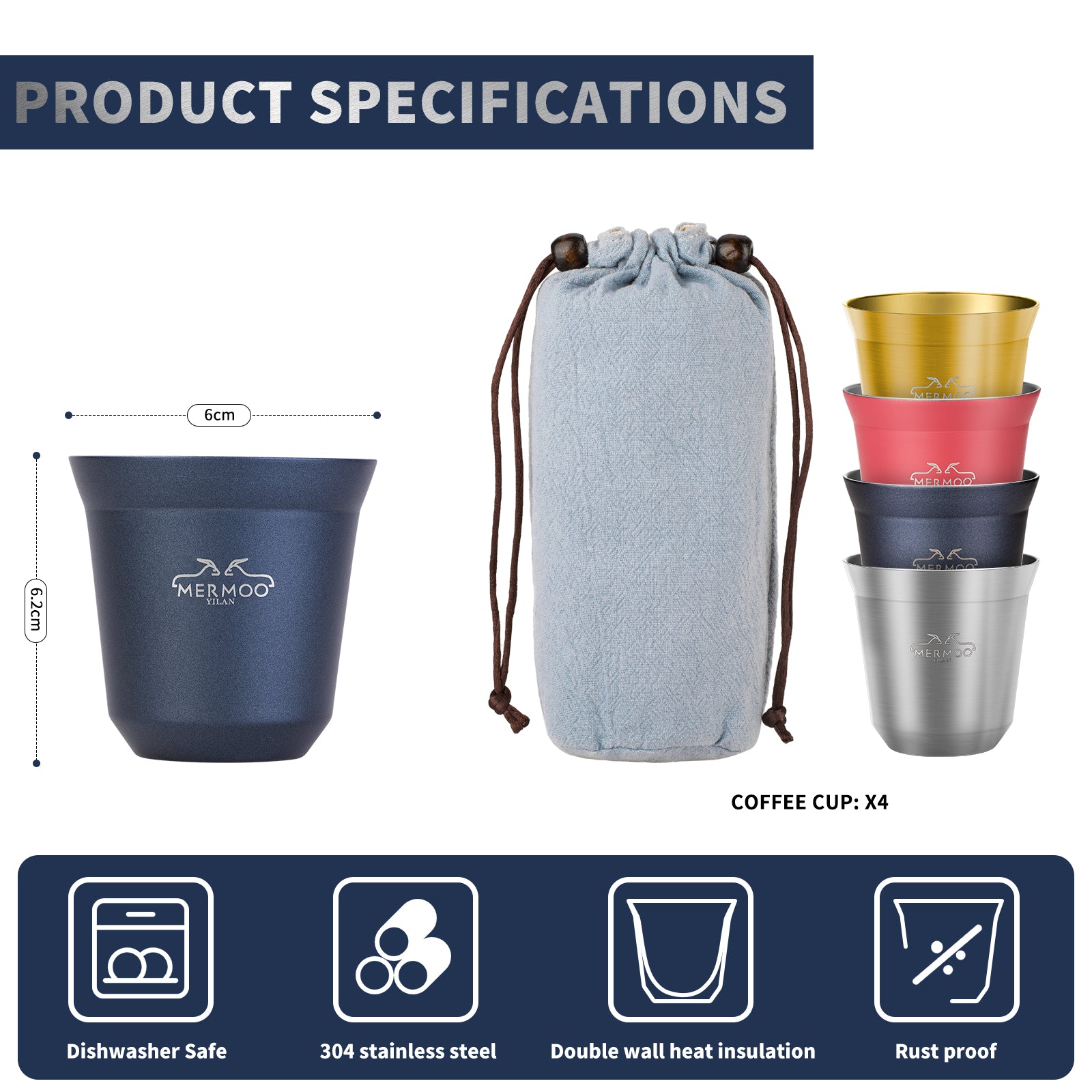【Beginner's Starter Kit】Espresso Cups Set (4 Pack / 80ml) Double-Wall Stainless Steel Insulated, Stackable with Travel Pouch MERMOO YILAN V139