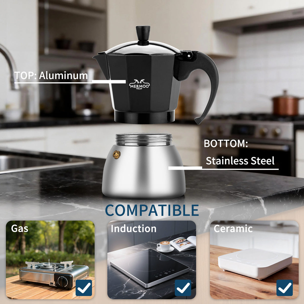 MERMOO YILAN Induction Moka Pot 6cups Stovetop Espresso Maker