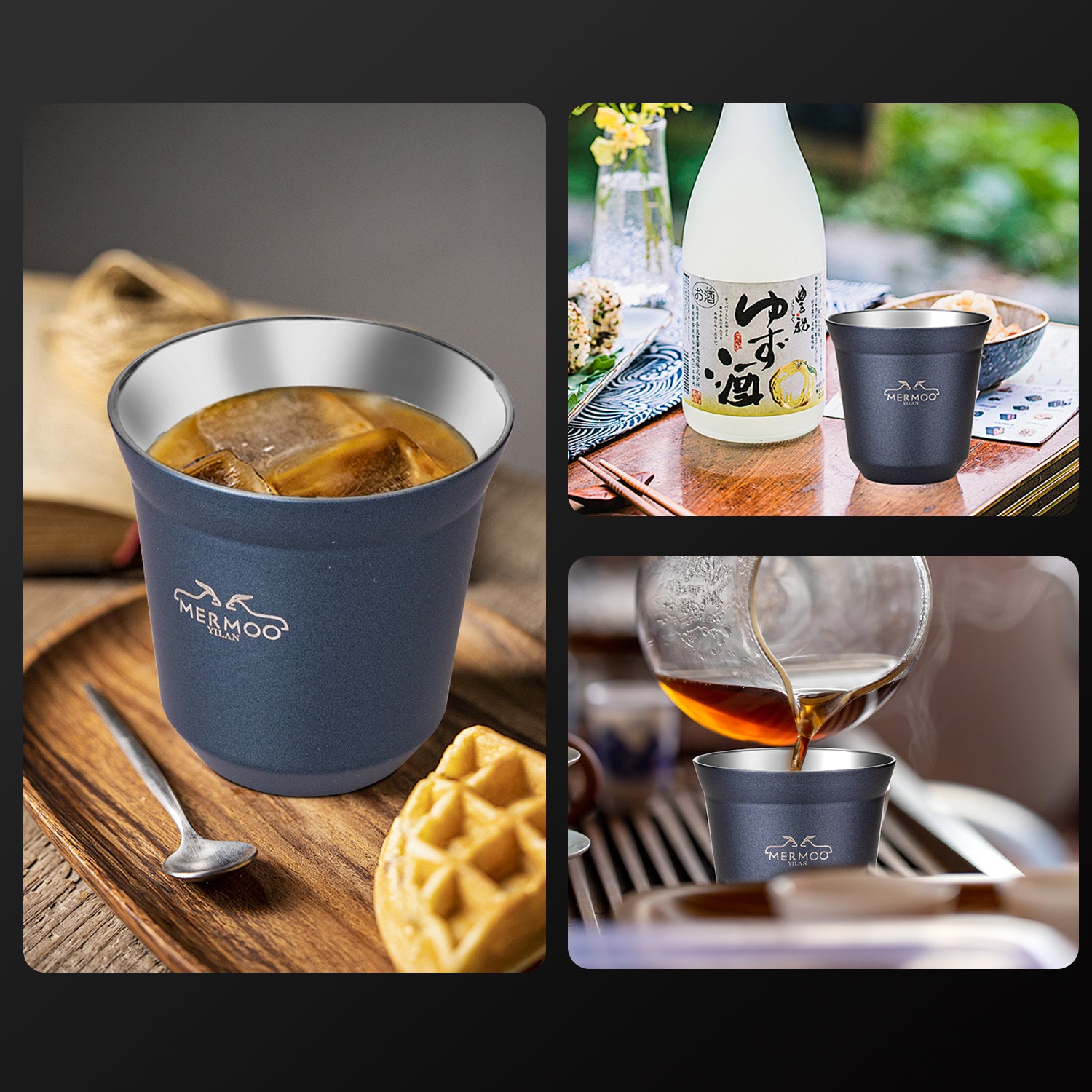 【Beginner's Starter Kit】Espresso Cups Set (4 Pack / 80ml) Double-Wall Stainless Steel Insulated, Stackable with Travel Pouch MERMOO YILAN V139