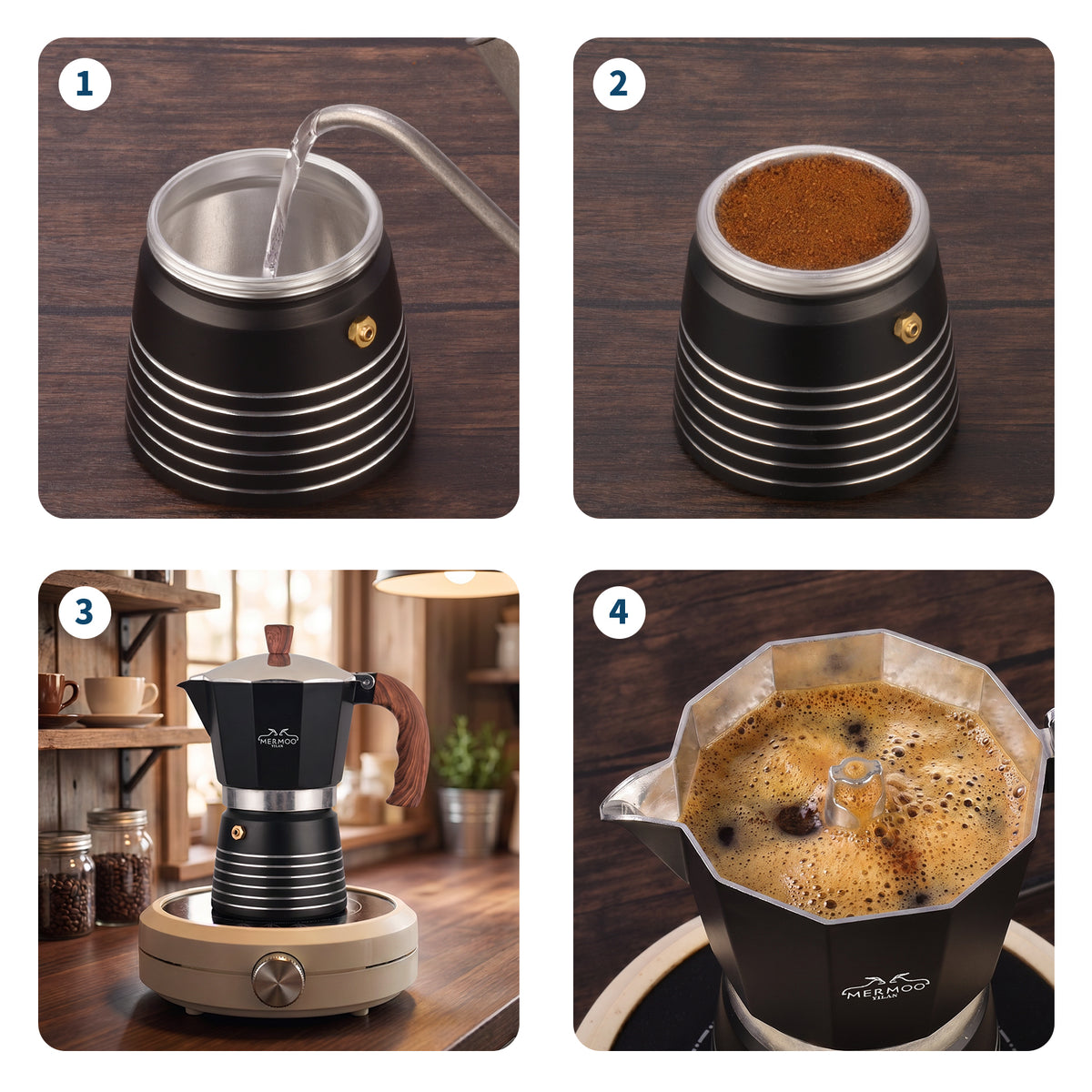 MERMOO YILAN Moka Pot 6 Cup （300ml） Aluminum Stovetop Espresso Maker  Works on Gas Hob, Electric Stove, Ceramic Stove